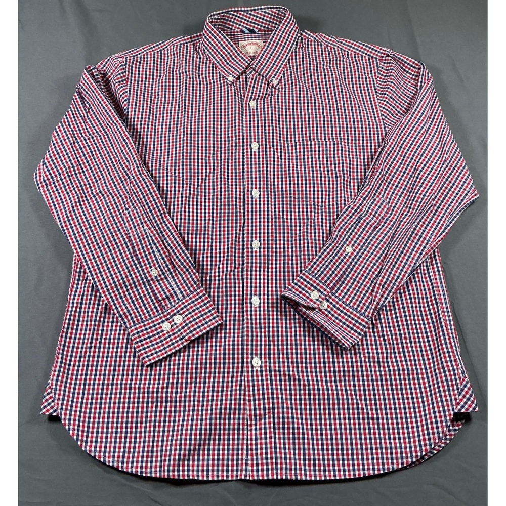 Brooks Brothers Mens Large Gingham Button Down Shirt Red White Blue Cotton L
